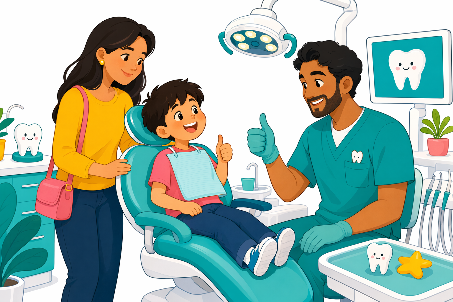 Friendly illustration of a smiling child at a cheerful pediatric dental office with a kind dentist